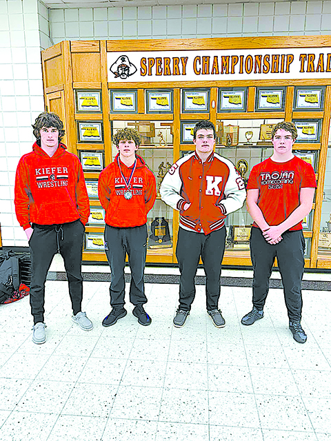 KIEFER WRESTLING took six wrestlers to the Tulsa7 Conference Tournament and four of them placed: (L to R) Hudson Poindexter at 175 pounds, Teagen Javersak at 157, Max Quadnau at 190 and Luke Witte at 215.