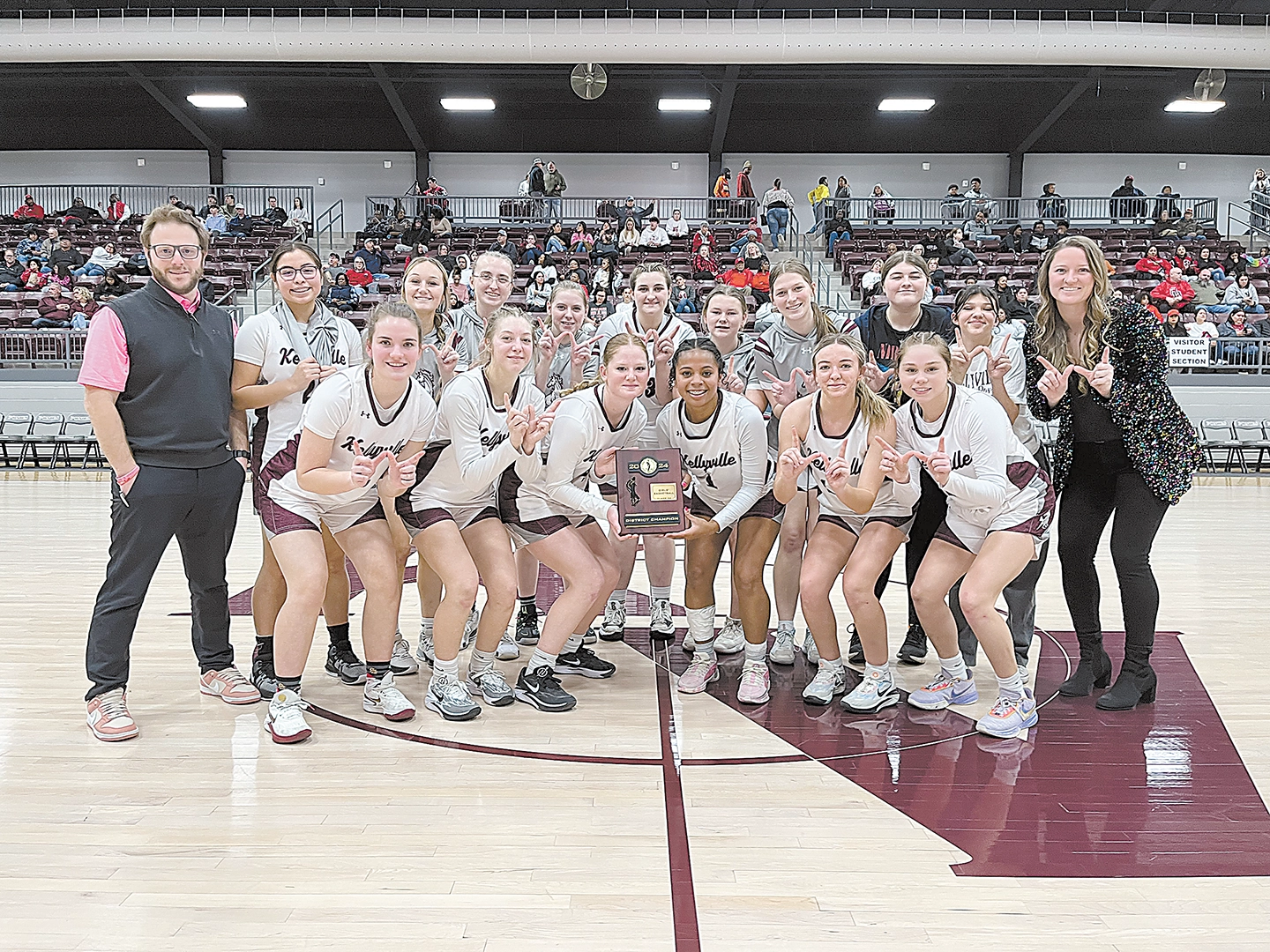 DARREN SUMNER PHOTOS DISTRICT CHAMPIONS Kellyville Lady Ponies team members include Coaches Brandon Rosa (far left) and Taylor Todd (far right), Karlee Powers, Mary Hansen, Morgan Kreps, Emaly Swigert, Rosario Diaz, Ana Hernandez, Teagan Neal, Neveah Blaes, Kallie Martin, Aidan Cargil, Mae Butler, Lilly Fairson, Madelyn Powers, Montanna Horacek, Natalie Keiffer, Kylar Goins, Kylea Quammen, Kandis Smith, Gabby Warnock, Toni McGuire and Megan Horacek.