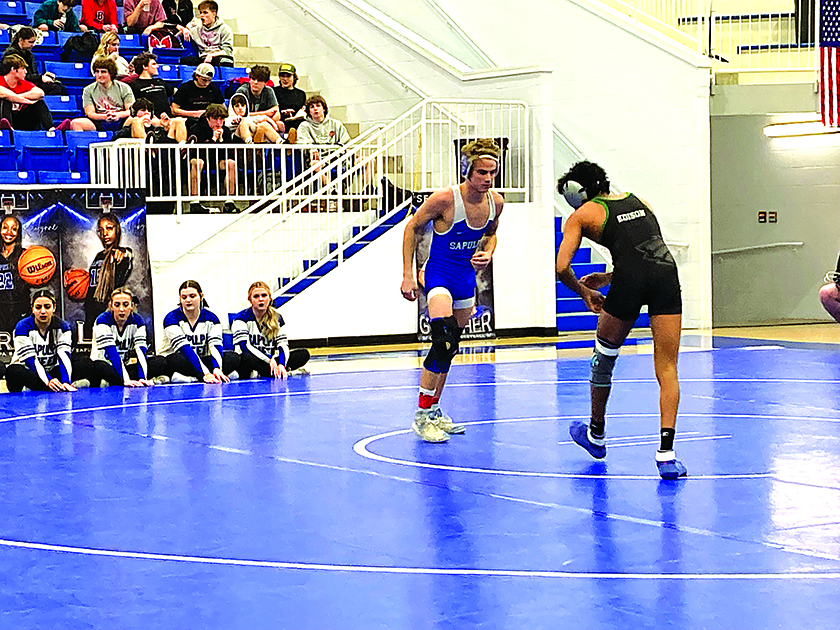 JOHN TRANCHINA PHOTOS SENIOR CAVIN PEPER, pictured during his dual match against Edison on Jan. 24, was the runner-up at 113 pounds at the tournament in Glenpool last weekend after losing a tough overtime battle in the final, dropping his individual season record to 24-2.