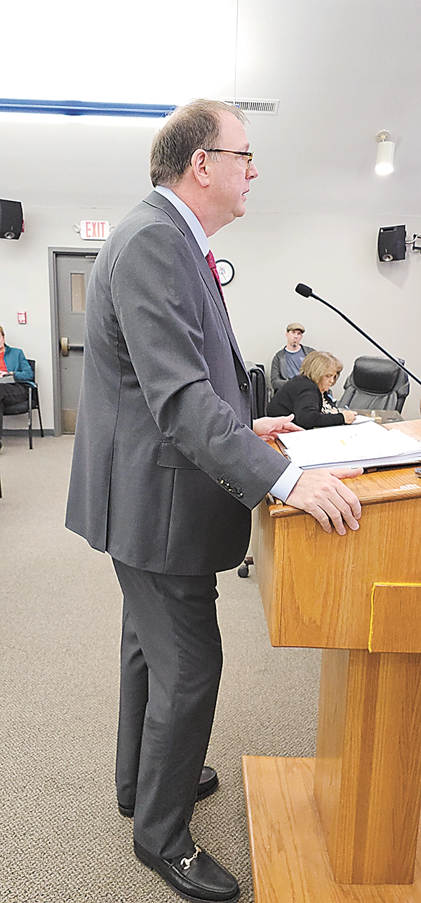 CHARLES BETZLER PHOTO ANDREW ROTENSTREICH, attorney for Verizon, speaking at the Sapulpa Board of Adjustments meeting on Tuesday.