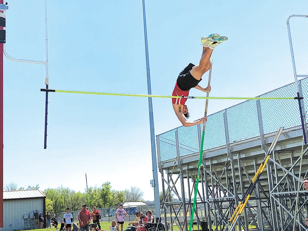 JOHN TRANCHINA PHOTOS KIEFER’S ALSTON CARR finished fifth in the pole vault at Kellyville Friday with a leap of 10-feet-6.
