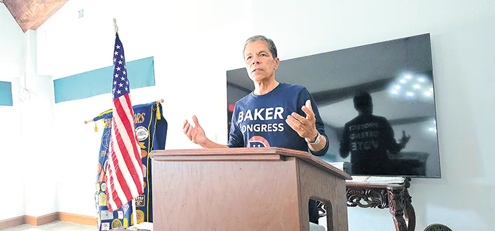 CHARLES BETZLER PHOTO Congressional candidate Dennis Baker, speaking to Creek County Democrats on July 18