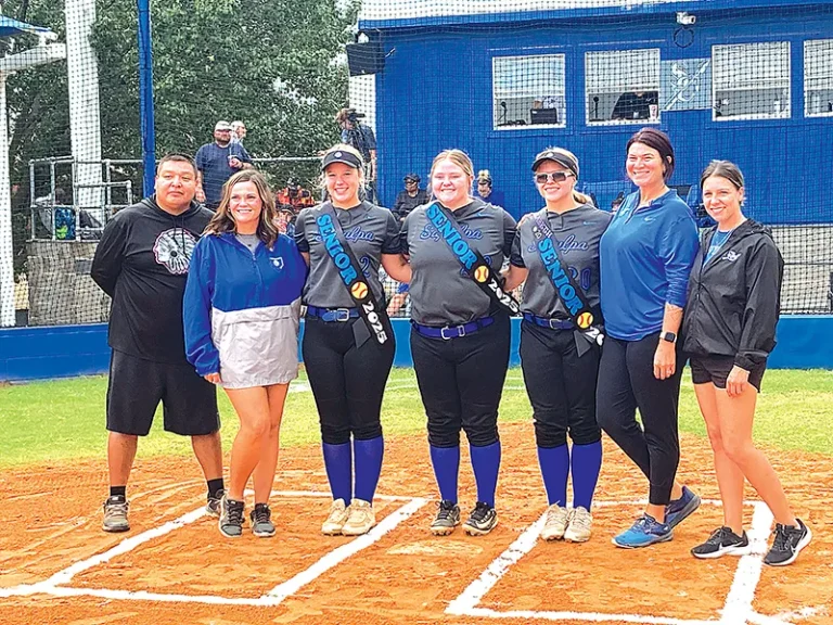 JOHN TRANCHINA PHOTOS
SAPULPA SENIORS HONORED Monday night on Senior Night. Left to right: Assistant coach
Josh Littlebear, assistant coach Nicole Agee, senior Anna Southerland, senior Sage Adams,
senior Elizabeth Trosper, head coach Magen Coldiron and assistant coach Bianca Blevins.