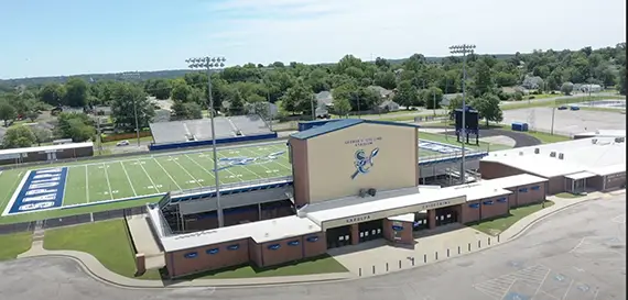 SAPULPA CHIEFTAINS were off on Thursday, as their game at Ponca City was moved to Friday
due to a scheduling mishap. See full coverage of the game in our next issue. This drone picture
of the empty Collins Stadium was a screen shot off our computer.