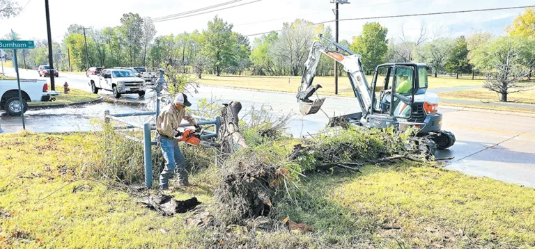 CHARLES BETZLER PHOTO
CITY EMPLOYEE RICKY COMBS uses a chainsaw to cut a fallen tree on South Hickory while
city employee Shannon McDaniels prepares to load the pieces into a nearby truck.