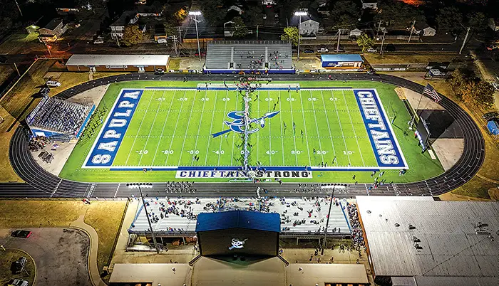 OVERHEAD DRONE SHOT of Collins Stadium that Josh Stephens took with the drone before the Sapulpa-Putnam City North football game on Oct. 25