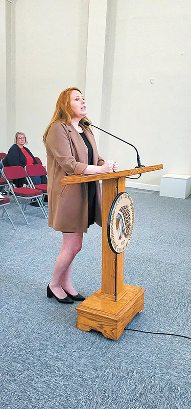 CHARLES BETZLER PHOTO
AMBER CUTSHAW, Business Services Manager of Green Country Workforce Development,
speaks to the BOCC Monday